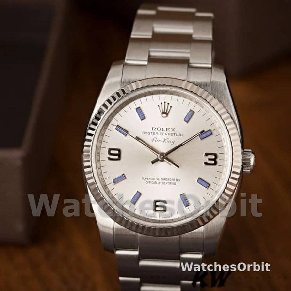 Rolex Oyster Perpetual Air-King 114234 Blue Hour Markers Silver Dial 34mm Unisex replica watch