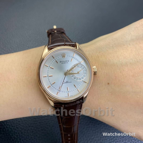 Rolex Cellini Date Rose Gold Silver Crocodile Leather Strap 50515 39mm Mens Replica Watch