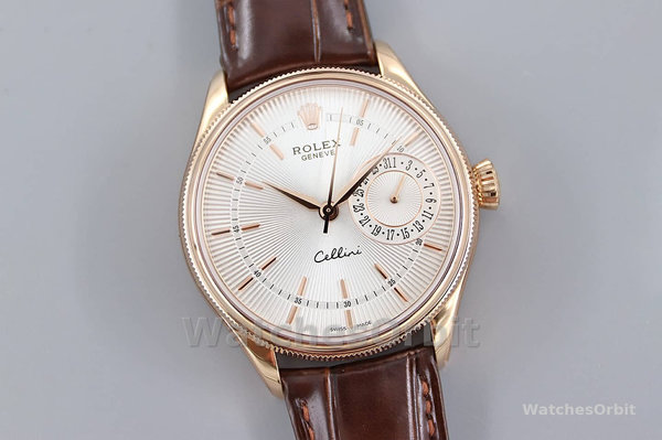 Rolex Cellini Date Rose Gold Silver Crocodile Leather Strap 50515 39mm Mens Replica Watch