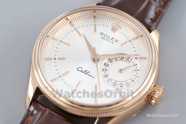 Rolex Cellini Date Rose Gold Silver Crocodile Leather Strap 50515 39mm Mens Replica Watch