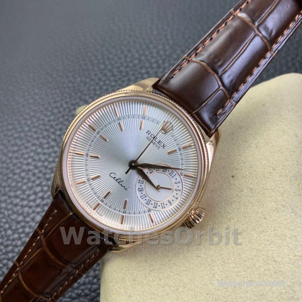 Rolex Cellini Date Rose Gold Silver Crocodile Leather Strap 50515 39mm Mens Replica Watch