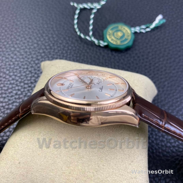 Rolex Cellini Date Rose Gold Silver Crocodile Leather Strap 50515 39mm Mens Replica Watch