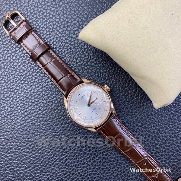 Rolex Cellini Date Rose Gold Silver Crocodile Leather Strap 50515 39mm Mens Replica Watch