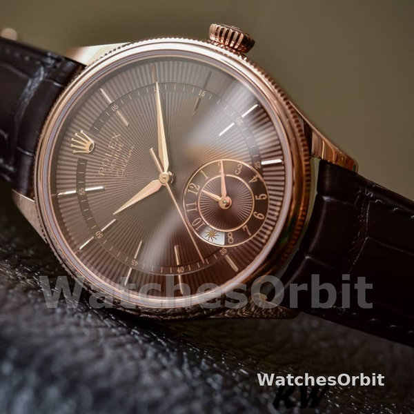 Rolex Cellini Dual Time 50525 Brown Guilloche Dial Brown Leather Strap 39mm Mens Replica Watch