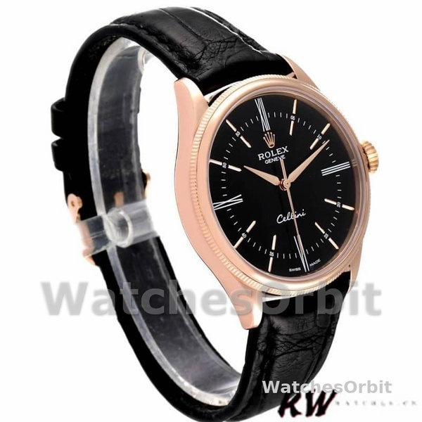 Rolex Cellini Time 50505 Black Leather Strap Black Dial 39mm Mens Replica Watch