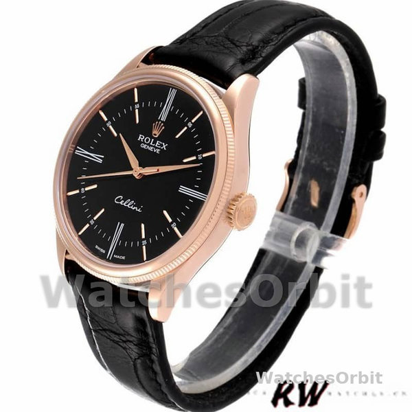 Rolex Cellini Time 50505 Black Leather Strap Black Dial 39mm Mens Replica Watch