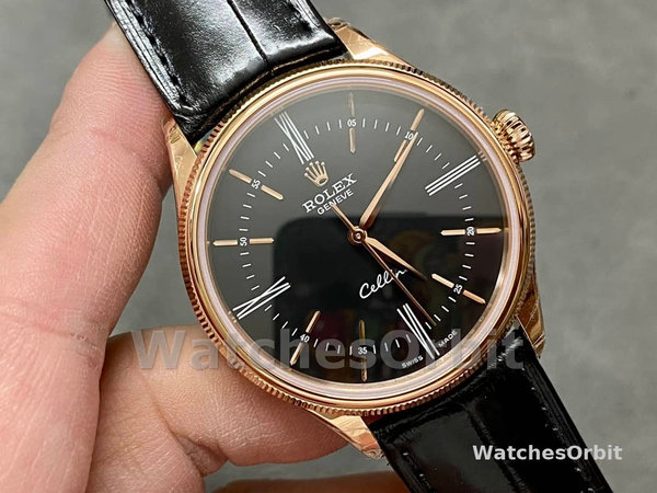 Rolex Cellini Time 50505 Black Leather Strap Black Dial 39mm Mens Replica Watch