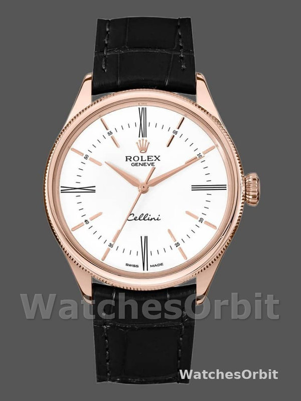 Rolex Cellini Time 50505 Black Leather Strap White Dial 39mm Mens Replica Watch