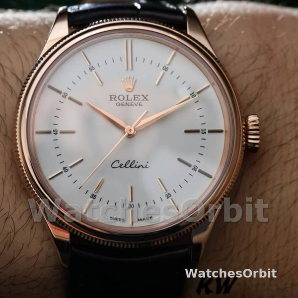 Rolex Cellini Time 50505 Black Leather Strap White Dial 39mm Mens Replica Watch