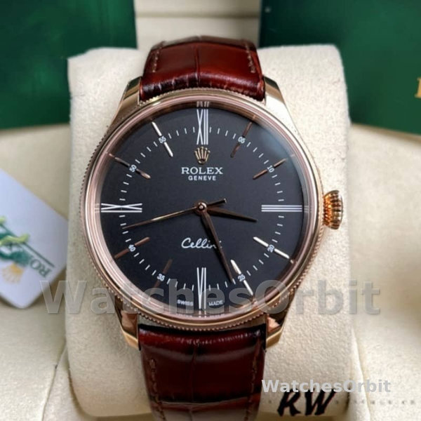Rolex Cellini Time 50505 Brown Leather Strap Black Dial 39mm Mens Replica Watch