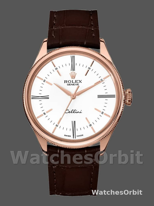Rolex Cellini Time 50505 Brown Leather Strap White Dial 39mm Mens Replica Watch