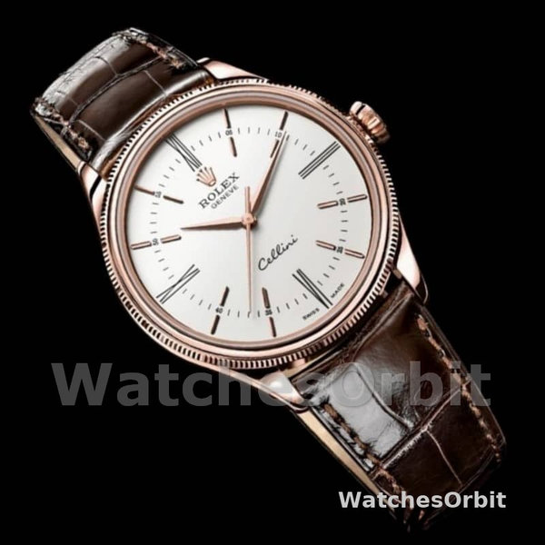 Rolex Cellini Time 50505 Brown Leather Strap White Dial 39mm Mens Replica Watch