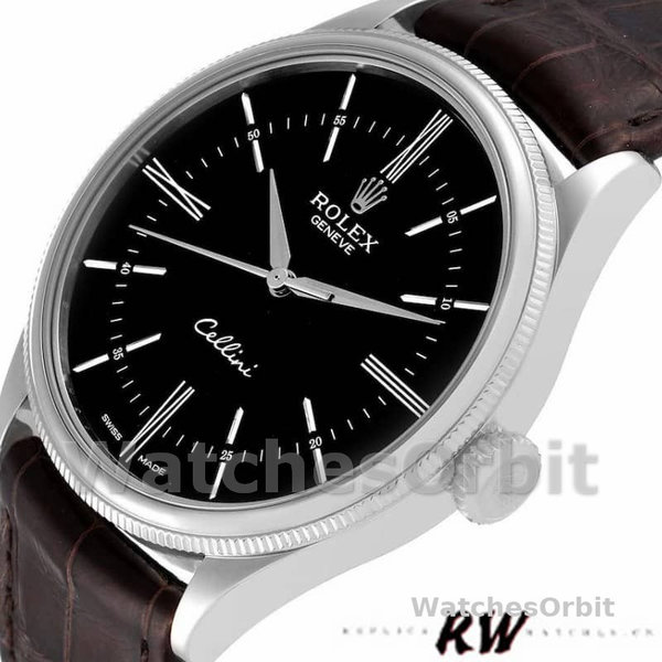 Rolex Cellini Time 50509 Brown Leather Strap Black Dial 39mm Mens Replica Watch