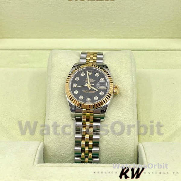 Rolex Datejust 179173 Black Diamond Dial Fluted Bezel 26MM Lady Replica Watch