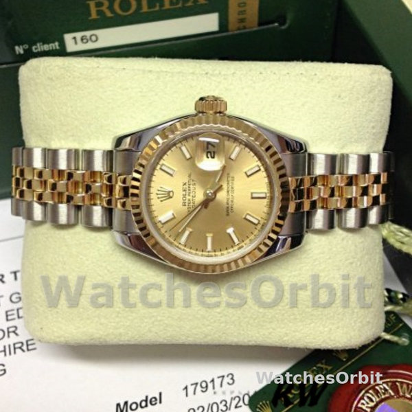 Rolex Datejust 179173 Champagne Index Dial Fluted Bezel 26MM Lady Replica Watch