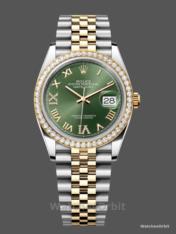 Rolex Datejust 36 Yellow Gold & Diamonds Olive Green Diamond Pave Roman Dial m126283rbr 0011
