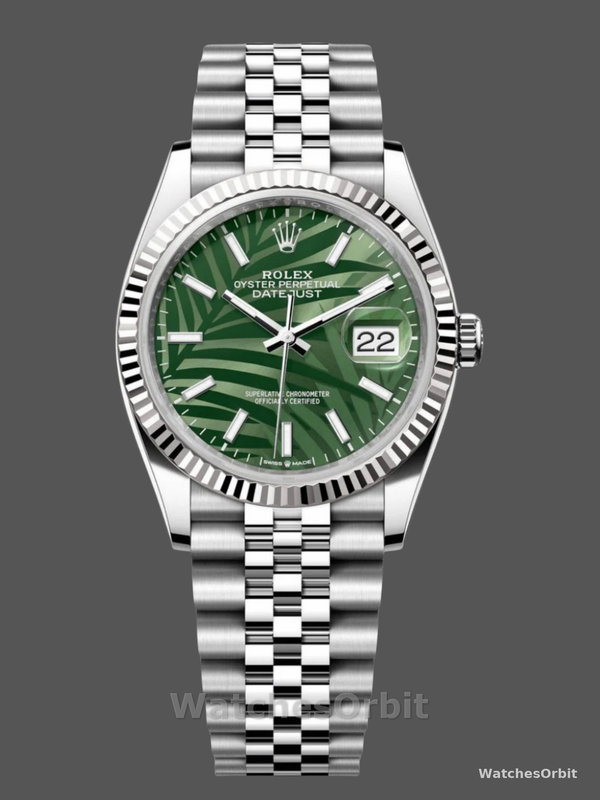 Rolex Datejust 36mm Fluted Bezel Green Palm Index Dial Jubilee 126234 0047