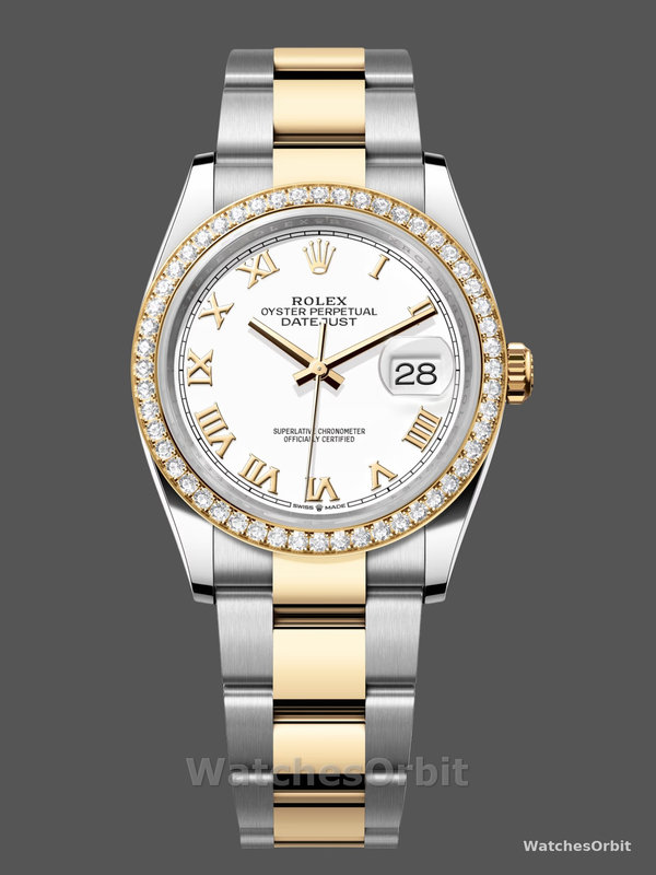 Rolex Datejust 36mm Stainless Steel and Yellow Gold m126283rbr 0016 White Roman Oyster