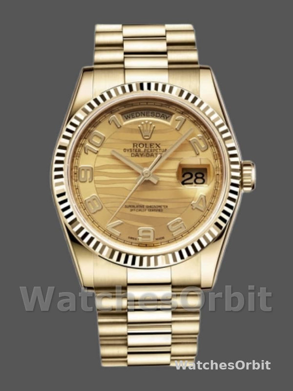 Rolex Day-Date 118238 Arabic Numeral Wave Champagne Dial Yellow gold 36mm Unisex Replica Watch