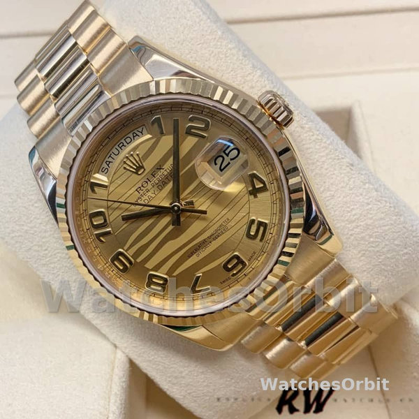 Rolex Day-Date 118238 Arabic Numeral Wave Champagne Dial Yellow gold 36mm Unisex Replica Watch