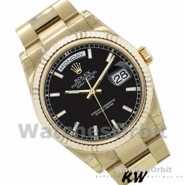 Rolex Day Date 118238 Yellow Gold Black Dial Stainless Steel 36mm Mens Replica Watch