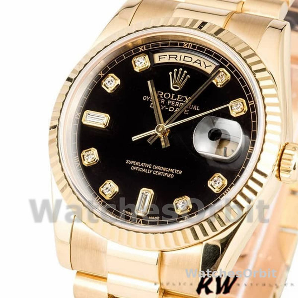 Rolex Day Date 118238 Yellow Gold Black Diamond Dial 36mm Mens Replica Watch