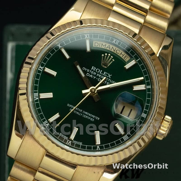 Rolex Day-Date 118238 Yellow Gold Fluted Bezel Green Dial 36mm Unisex Replica Watch