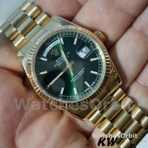 Rolex Day-Date 118238 Yellow Gold Fluted Bezel Green Dial 36mm Unisex Replica Watch
