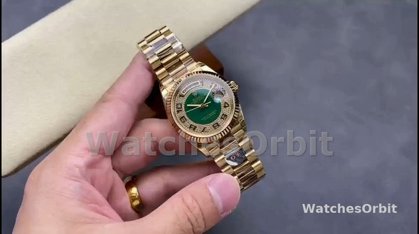 Rolex Day-Date 118238 Yellow Gold Green Diamond Pave Dial 36mm Unisex Replica Watch
