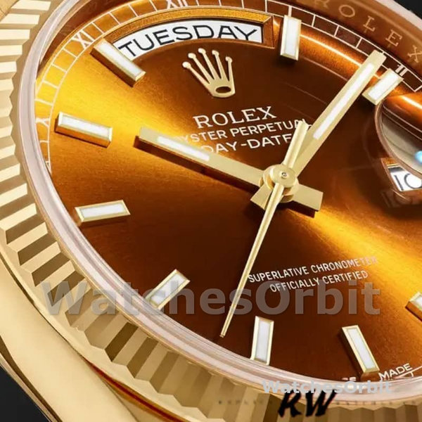 Rolex Day-Date 118238 Yellow Gold Index Cognac Dial 36mm Unisex Replica Watch