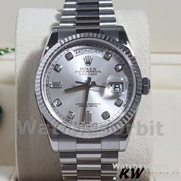 Rolex Day-Date 118239 Silver Diamond Dial 36mm Unisex Replica Watch