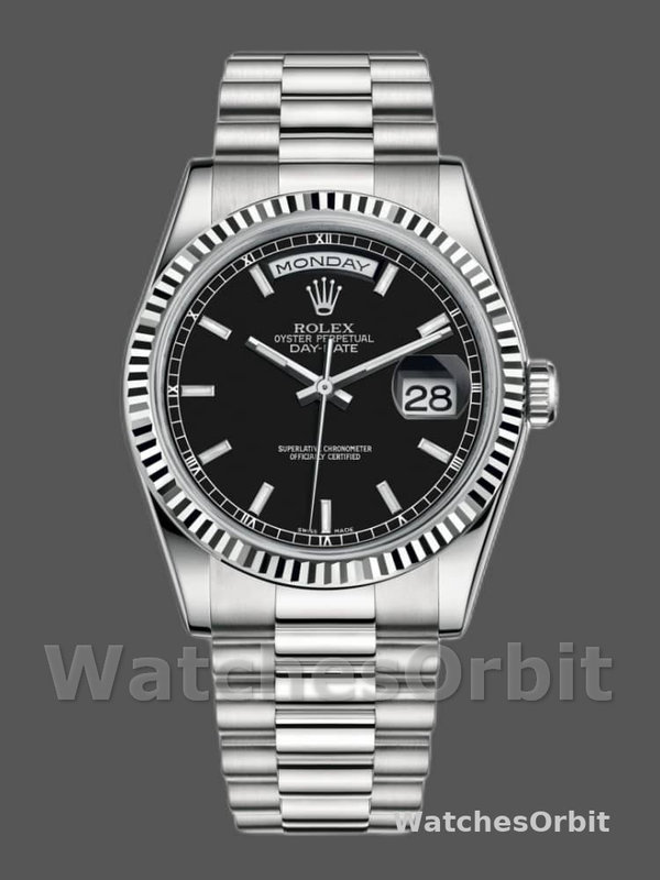 Rolex Day-Date 118239 White Gold Black Dial Fluted Bezel 36mm Unisex Replica Watch