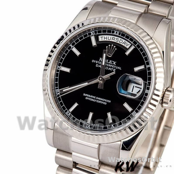 Rolex Day-Date 118239 White Gold Black Dial Fluted Bezel 36mm Unisex Replica Watch