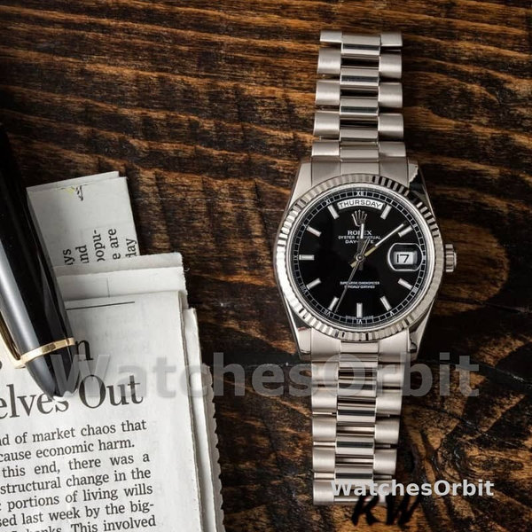 Rolex Day-Date 118239 White Gold Black Dial Fluted Bezel 36mm Unisex Replica Watch