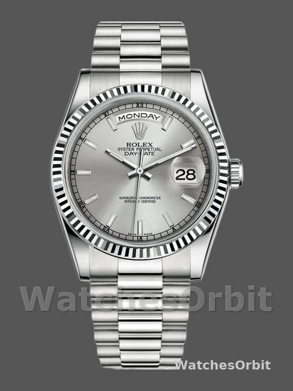 Rolex Day-Date 118239 White Gold Silver dial Fluted Bezel 36mm Unisex Replica Watch