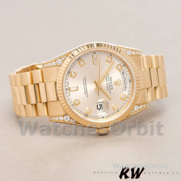 Rolex Day-Date 118338 Yellow gold Silver dial 36mm Unisex Replica Watch
