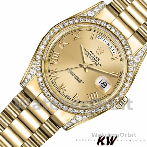 Rolex Day-Date 118388 Diamond Bezel Champagne Roman Numeral Dial 36MM Unisex Replica Watch