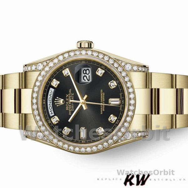 Rolex Day-Date 118388 yellow gold Black Diamond Dial 36mm Unisex Replica Watch