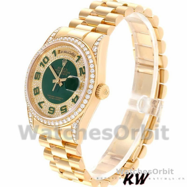 Rolex Day-Date 118388 Yellow Gold Green Enamel Diamond Dial 36MM Unisex Replica Watch