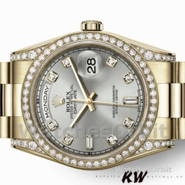 Rolex Day-Date 118388 Yellow Gold Silver Diamond Dial 36MM Unisex Replica Watch