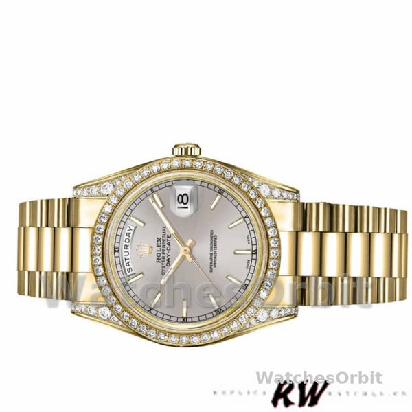 Rolex Day-Date 118388 Yellow Gold Silver Index Dial 36MM Unisex Replica Watch