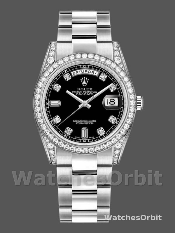 Rolex Day-Date 118389 Diamond Bezel Black Diamond Dial 36MM Unisex Replica Watch