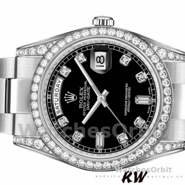 Rolex Day-Date 118389 Diamond Bezel Black Diamond Dial 36MM Unisex Replica Watch