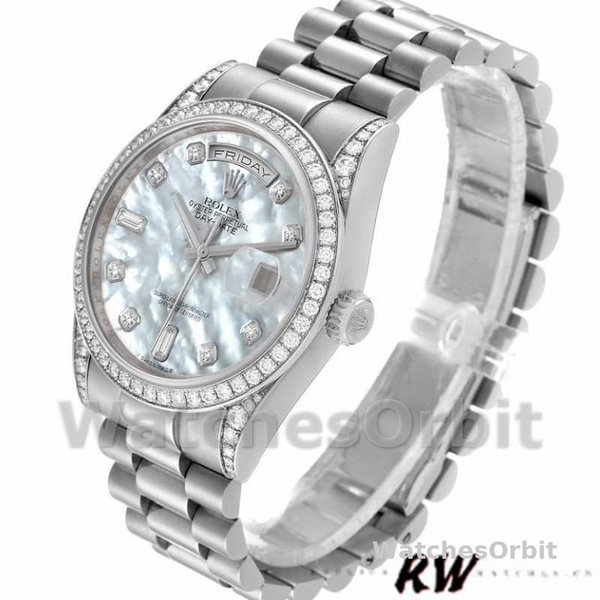 Rolex Day-Date 118389 Diamond Bezel MOP White Dial 36MM Unisex Replica Watch