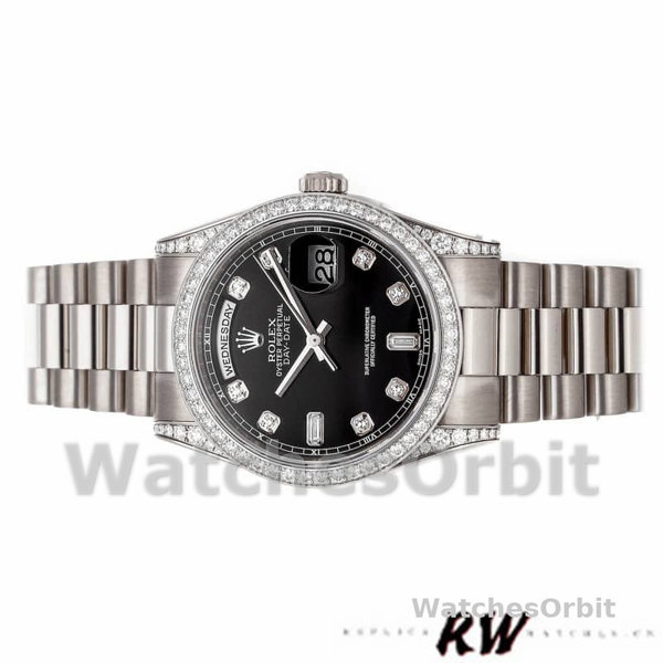 Rolex Day-Date 118389 White Gold Black Diamond Dial 36MM Unisex Replica Watch