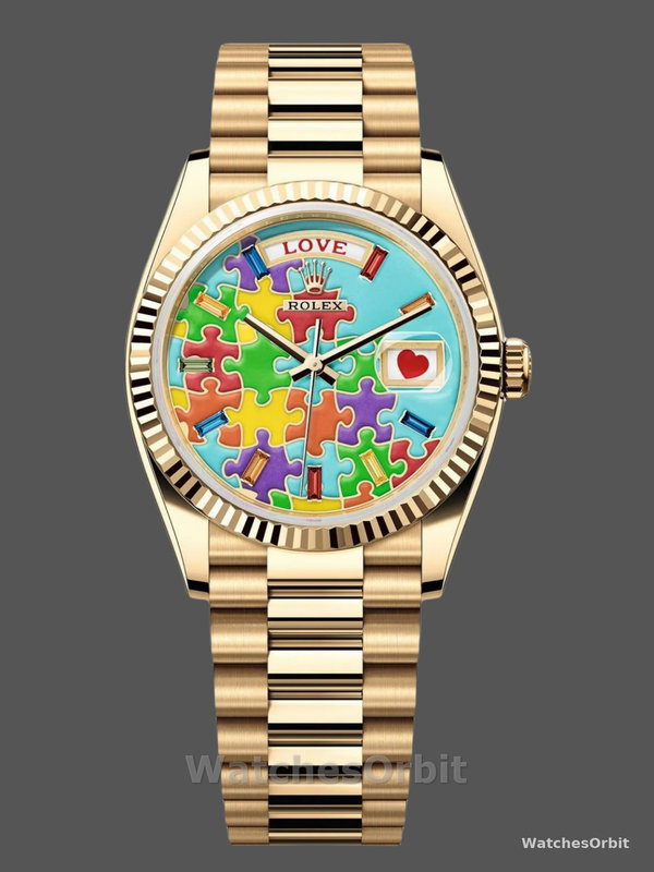 Rolex Day Date 128238-0106 36mm Yellow Gold Fluted Bezel Emoji Puzzle Dial