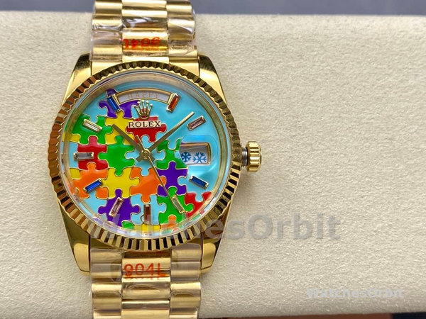 Rolex Day Date 128238-0106 36mm Yellow Gold Fluted Bezel Emoji Puzzle Dial