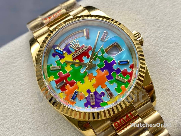 Rolex Day Date 128238-0106 36mm Yellow Gold Fluted Bezel Emoji Puzzle Dial