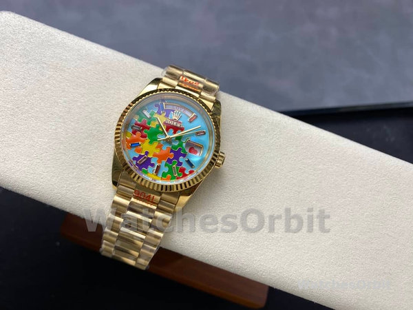 Rolex Day Date 128238-0106 36mm Yellow Gold Fluted Bezel Emoji Puzzle Dial