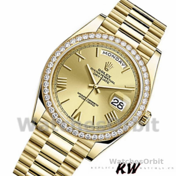Rolex Day-Date 228348RBR Champagne Roman Dial Diamond Bezel 40mm Mens Replica Watch